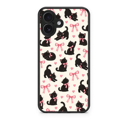Θήκη iPhone 16 Plus Black Kittens and Pink Bows on Cream Small από τη Smartfits με σχέδιο στο πίσω μέρος και μαύρο περίβλημα | iPhone 16 Plus Black Kittens and Pink Bows on Cream Small case with colorful back and black bezels