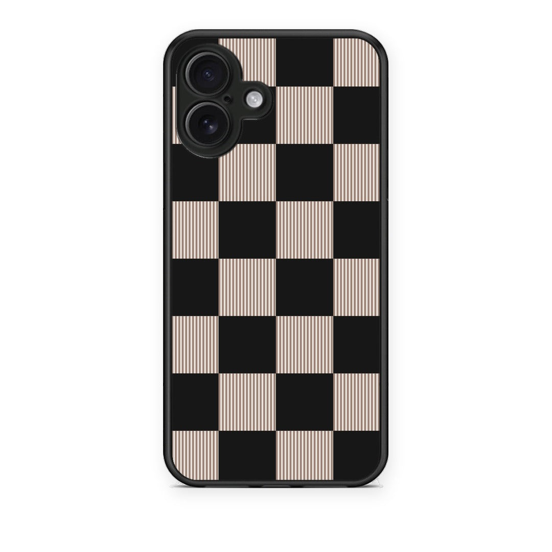 Θήκη iPhone 16 Plus Black and Taupe Striped Checks από τη Smartfits με σχέδιο στο πίσω μέρος και μαύρο περίβλημα | iPhone 16 Plus Black and Taupe Striped Checks case with colorful back and black bezels