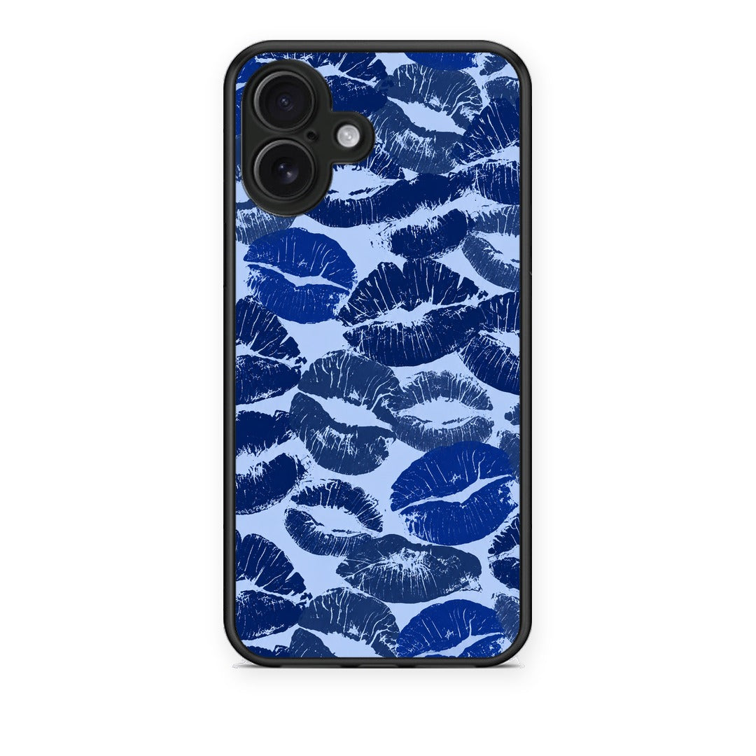 Θήκη iPhone 16 Plus Blue Lipstick Kisses από τη Smartfits με σχέδιο στο πίσω μέρος και μαύρο περίβλημα | iPhone 16 Plus Blue Lipstick Kisses case with colorful back and black bezels