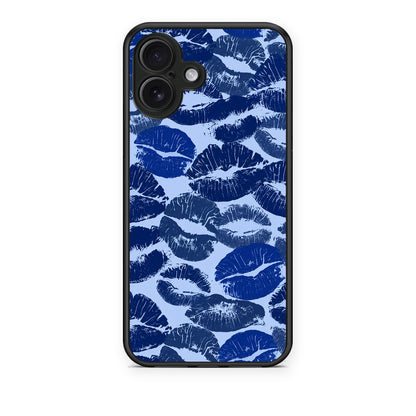 Θήκη iPhone 16 Plus Blue Lipstick Kisses από τη Smartfits με σχέδιο στο πίσω μέρος και μαύρο περίβλημα | iPhone 16 Plus Blue Lipstick Kisses case with colorful back and black bezels