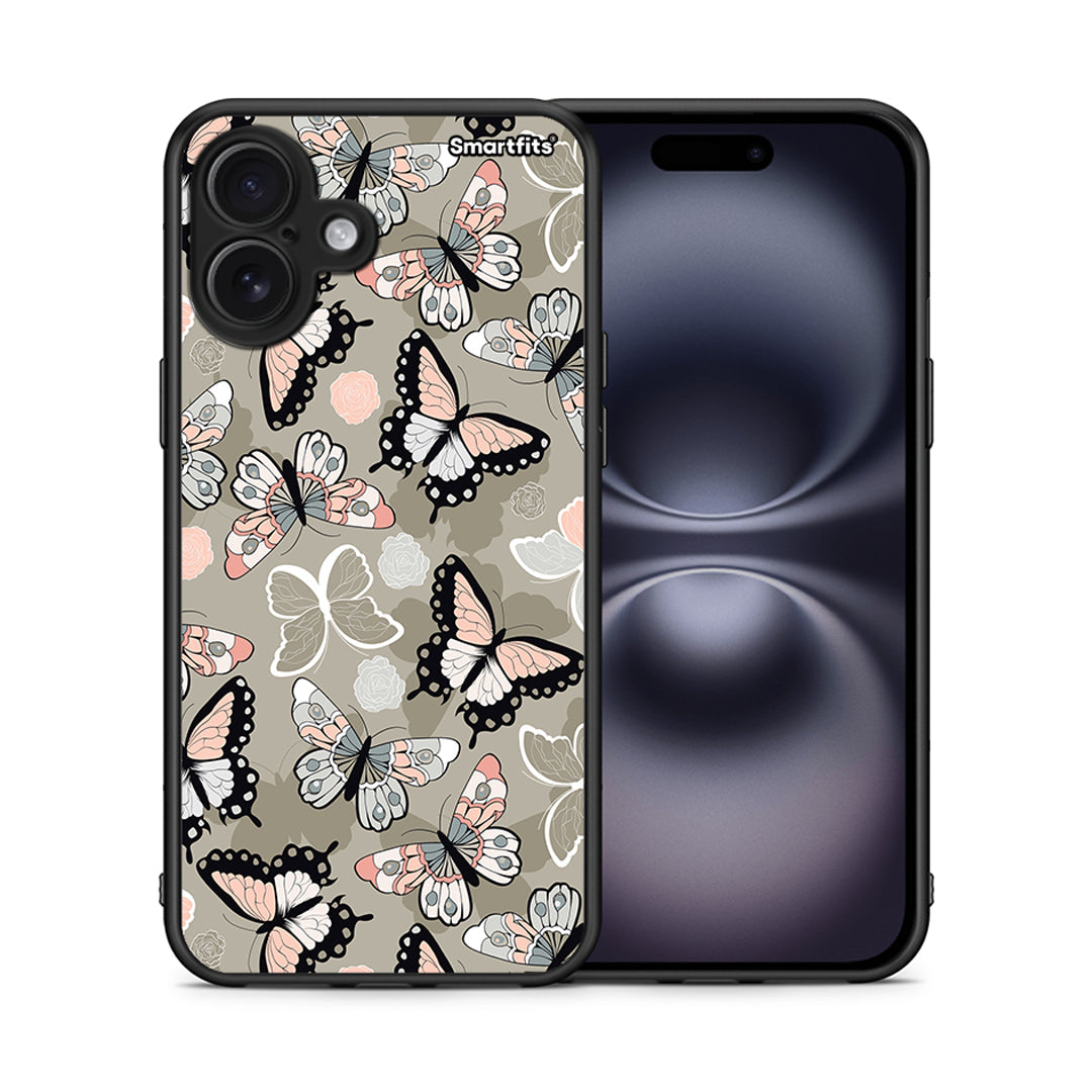 Θήκη iPhone 16 Plus Butterflies Boho από τη Smartfits με σχέδιο στο πίσω μέρος και μαύρο περίβλημα | iPhone 16 Plus Butterflies Boho case with colorful back and black bezels