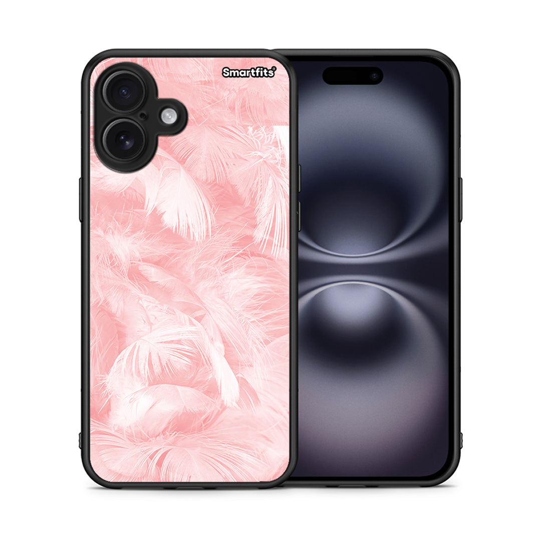 Θήκη iPhone 16 Plus Pink Feather Boho από τη Smartfits με σχέδιο στο πίσω μέρος και μαύρο περίβλημα | iPhone 16 Plus Pink Feather Boho case with colorful back and black bezels