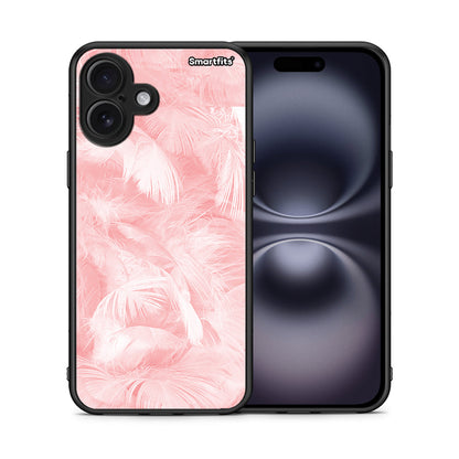 Θήκη iPhone 16 Plus Pink Feather Boho από τη Smartfits με σχέδιο στο πίσω μέρος και μαύρο περίβλημα | iPhone 16 Plus Pink Feather Boho case with colorful back and black bezels