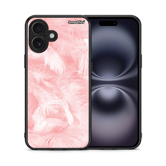 Θήκη iPhone 16 Plus Pink Feather Boho από τη Smartfits με σχέδιο στο πίσω μέρος και μαύρο περίβλημα | iPhone 16 Plus Pink Feather Boho case with colorful back and black bezels