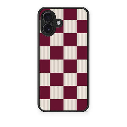 Θήκη iPhone 16 Plus Burgundy and Cream Striped Checks από τη Smartfits με σχέδιο στο πίσω μέρος και μαύρο περίβλημα | iPhone 16 Plus Burgundy and Cream Striped Checks case with colorful back and black bezels