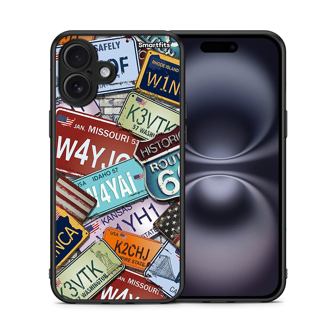Θήκη iPhone 16 Plus Car Plates από τη Smartfits με σχέδιο στο πίσω μέρος και μαύρο περίβλημα | iPhone 16 Plus Car Plates case with colorful back and black bezels