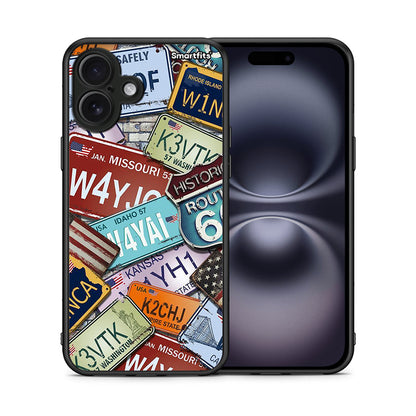 Θήκη iPhone 16 Plus Car Plates από τη Smartfits με σχέδιο στο πίσω μέρος και μαύρο περίβλημα | iPhone 16 Plus Car Plates case with colorful back and black bezels