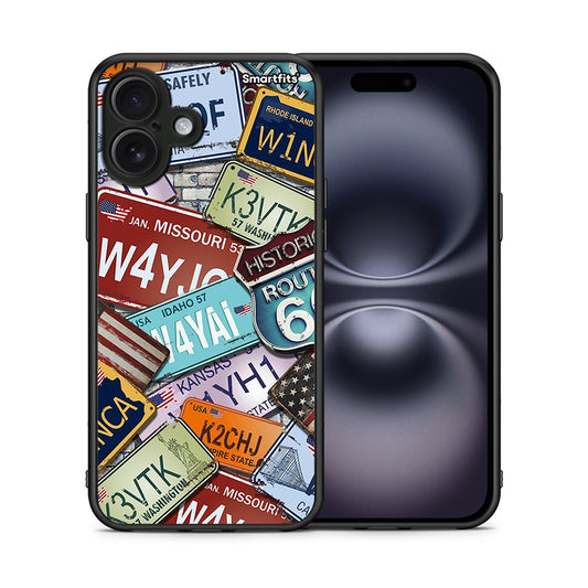 Θήκη iPhone 16 Plus Car Plates από τη Smartfits με σχέδιο στο πίσω μέρος και μαύρο περίβλημα | iPhone 16 Plus Car Plates case with colorful back and black bezels