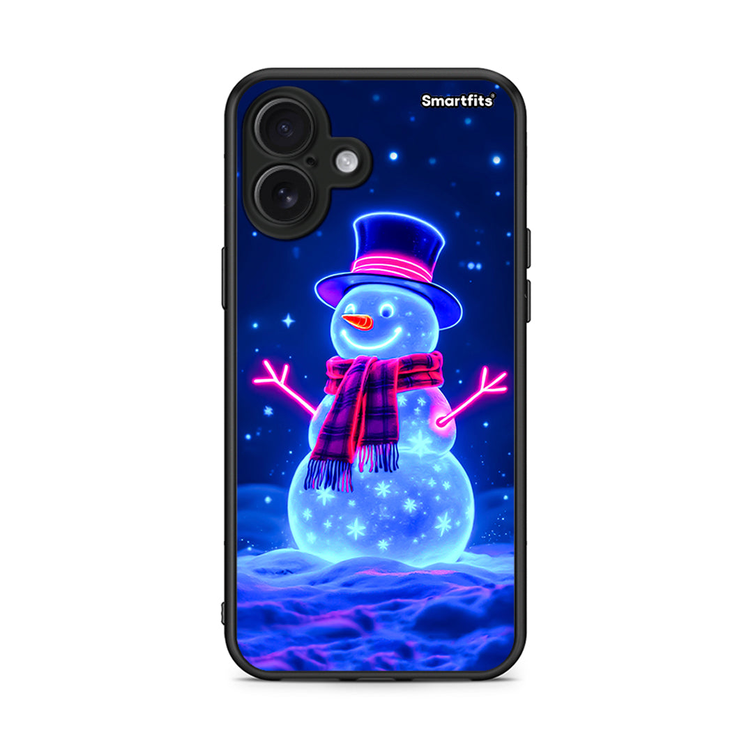 iPhone 16 Plus Christmas Neon Snowman θήκη από τη Smartfits με σχέδιο στο πίσω μέρος και μαύρο περίβλημα | Smartphone case with colorful back and black bezels by Smartfits