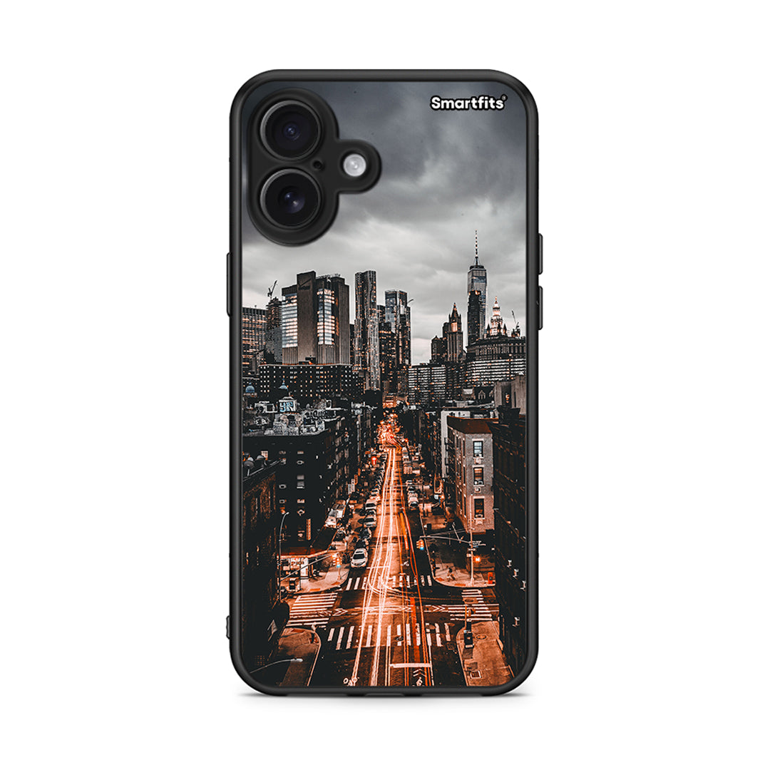 iPhone 16 Plus City Lights θήκη από τη Smartfits με σχέδιο στο πίσω μέρος και μαύρο περίβλημα | Smartphone case with colorful back and black bezels by Smartfits