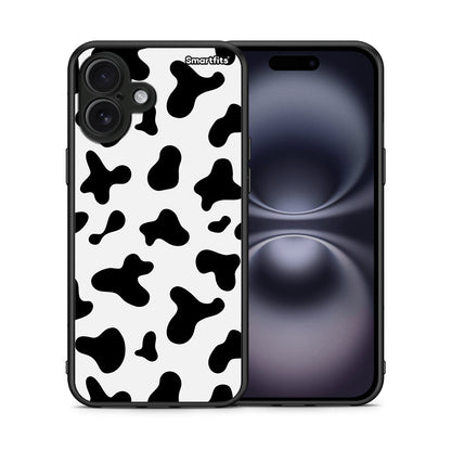Θήκη iPhone 16 Plus Cow Print από τη Smartfits με σχέδιο στο πίσω μέρος και μαύρο περίβλημα | iPhone 16 Plus Cow Print case with colorful back and black bezels