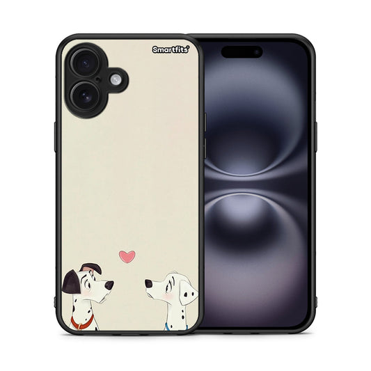 Θήκη iPhone 16 Plus Dalmatians Love από τη Smartfits με σχέδιο στο πίσω μέρος και μαύρο περίβλημα | iPhone 16 Plus Dalmatians Love case with colorful back and black bezels