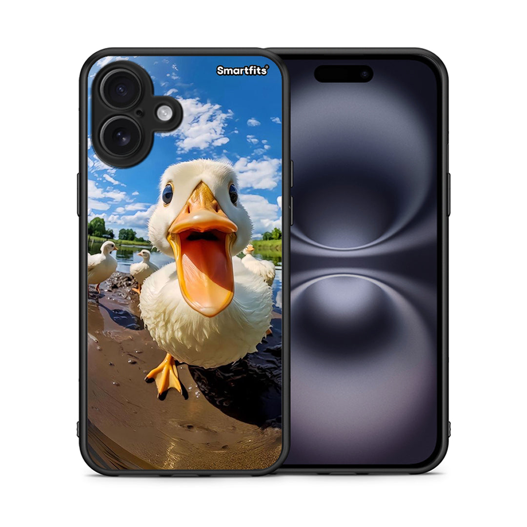 Θήκη iPhone 16 Plus Duck Face από τη Smartfits με σχέδιο στο πίσω μέρος και μαύρο περίβλημα | iPhone 16 Plus Duck Face case with colorful back and black bezels
