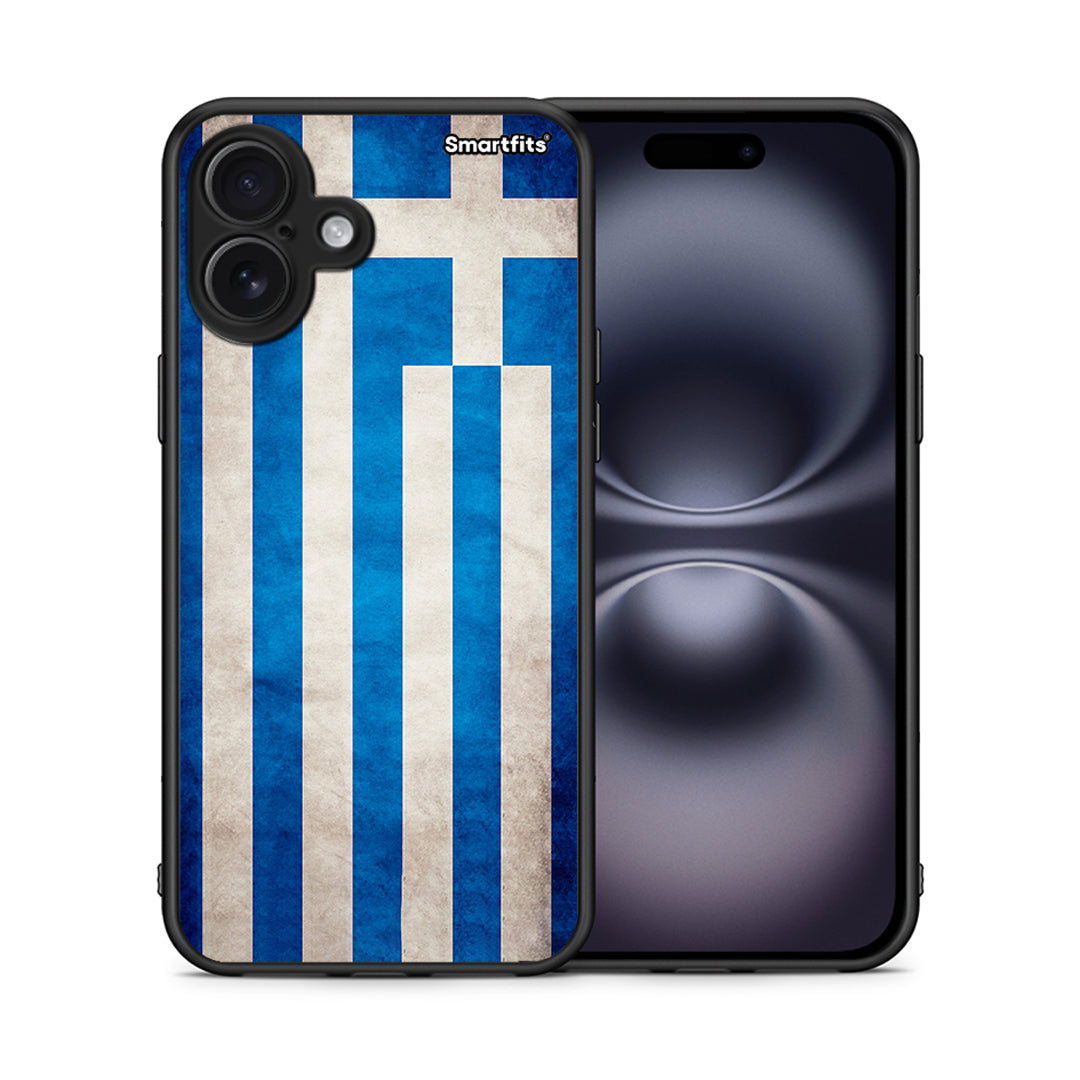 Θήκη iPhone 16 Plus Greek Flag από τη Smartfits με σχέδιο στο πίσω μέρος και μαύρο περίβλημα | iPhone 16 Plus Greek Flag case with colorful back and black bezels