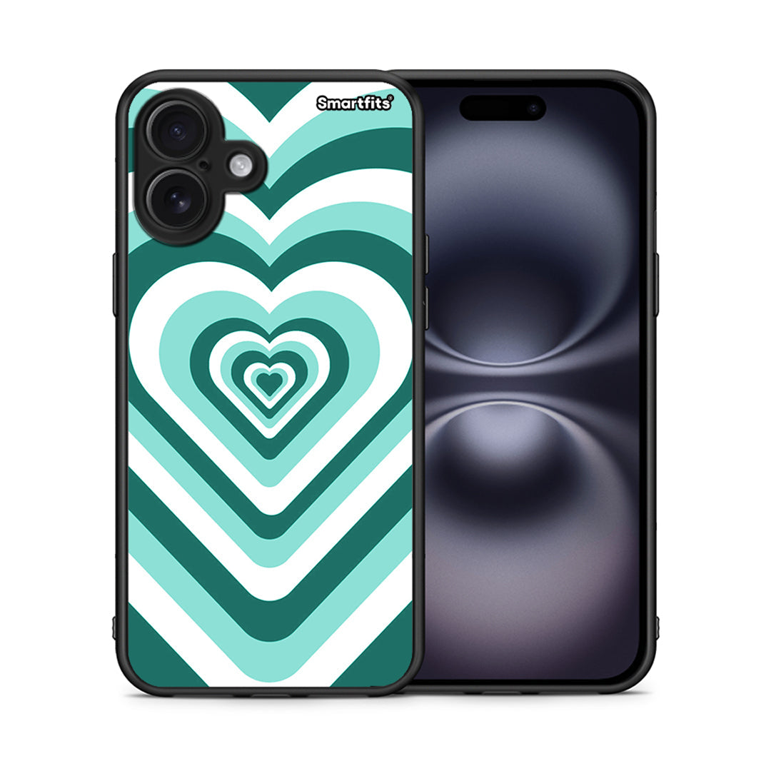Θήκη iPhone 16 Plus Green Hearts από τη Smartfits με σχέδιο στο πίσω μέρος και μαύρο περίβλημα | iPhone 16 Plus Green Hearts case with colorful back and black bezels