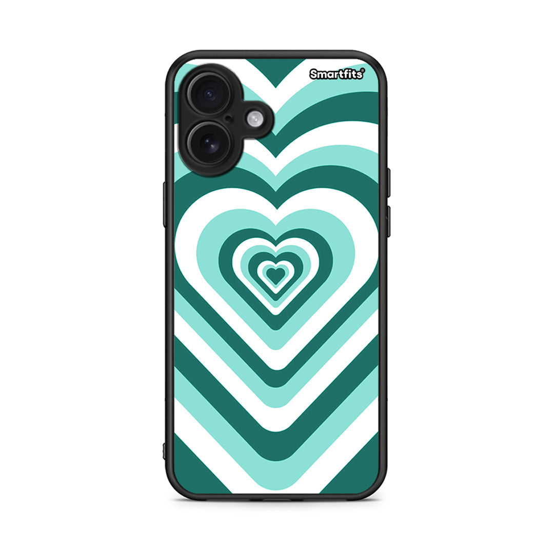 iPhone 16 Plus Green Hearts θήκη από τη Smartfits με σχέδιο στο πίσω μέρος και μαύρο περίβλημα | Smartphone case with colorful back and black bezels by Smartfits