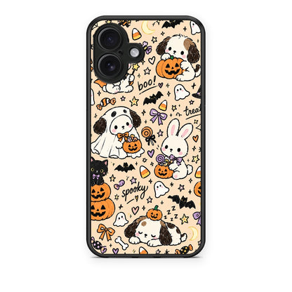 Θήκη iPhone 16 Plus Halloween Puppies and Friends on Cream από τη Smartfits με σχέδιο στο πίσω μέρος και μαύρο περίβλημα | iPhone 16 Plus Halloween Puppies and Friends on Cream case with colorful back and black bezels