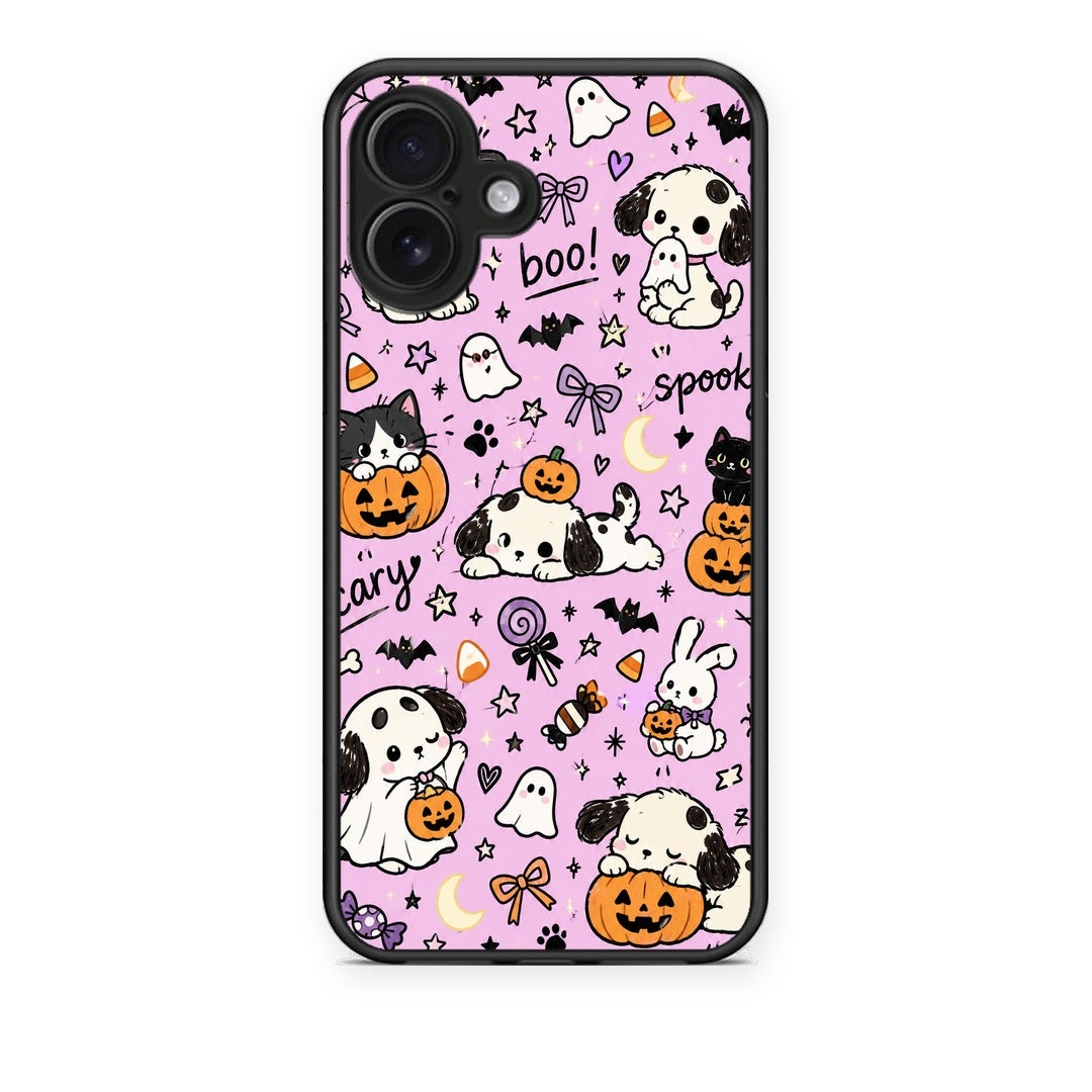 Θήκη iPhone 16 Plus Halloween Puppies and Friends on Lilac από τη Smartfits με σχέδιο στο πίσω μέρος και μαύρο περίβλημα | iPhone 16 Plus Halloween Puppies and Friends on Lilac case with colorful back and black bezels