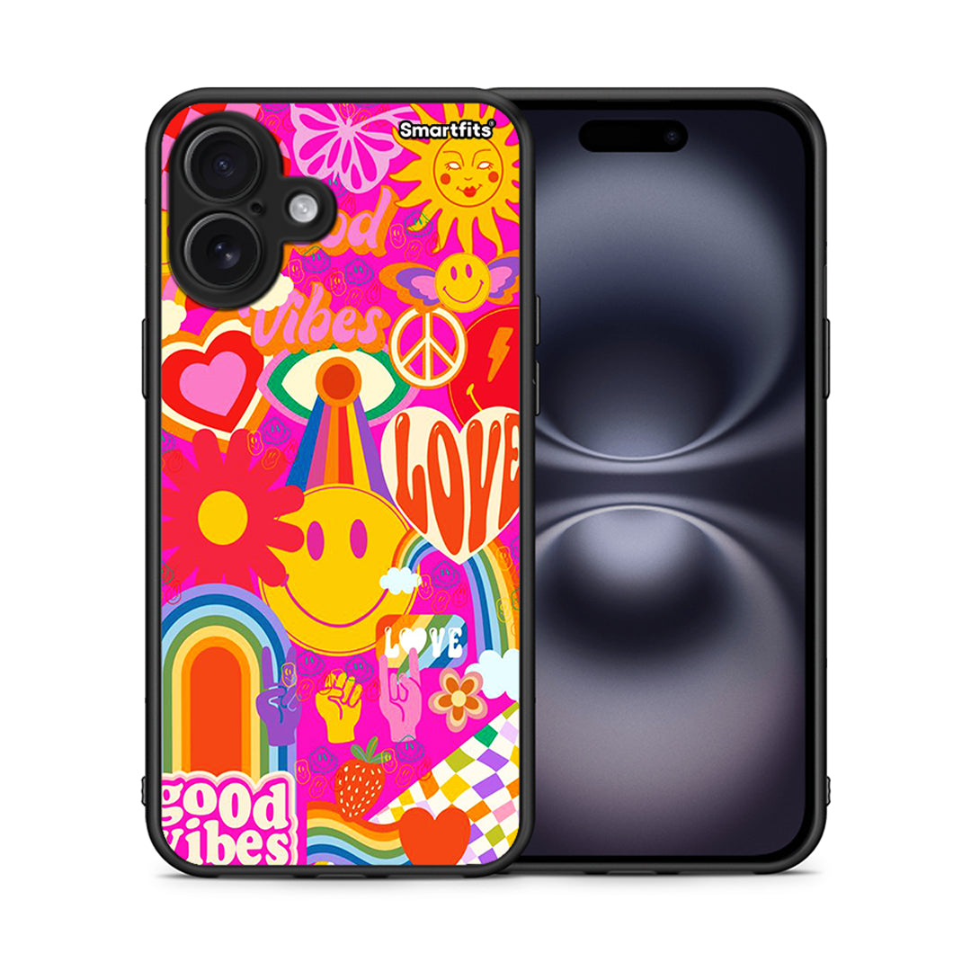 Θήκη iPhone 16 Plus Hippie Love από τη Smartfits με σχέδιο στο πίσω μέρος και μαύρο περίβλημα | iPhone 16 Plus Hippie Love case with colorful back and black bezels