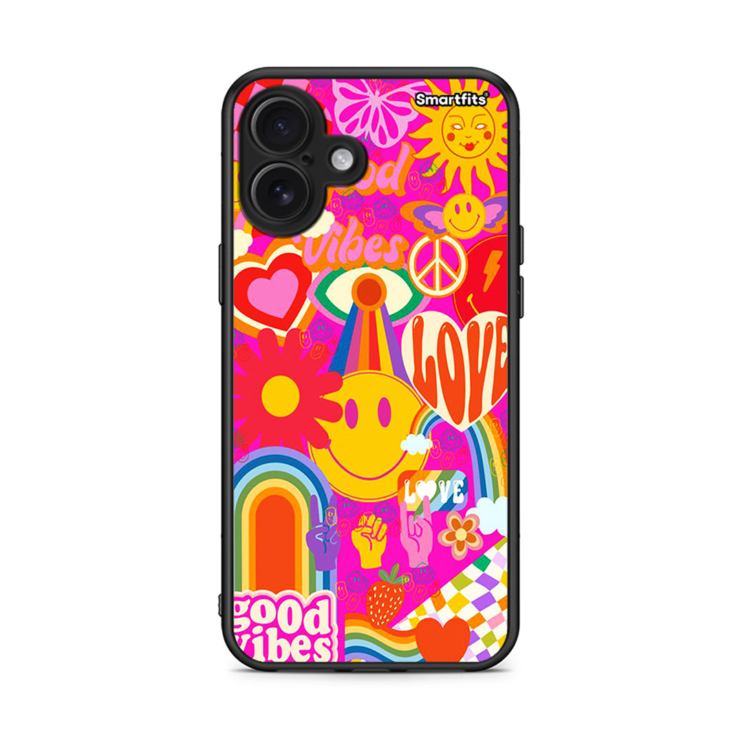 iPhone 16 Plus Hippie Love θήκη από τη Smartfits με σχέδιο στο πίσω μέρος και μαύρο περίβλημα | Smartphone case with colorful back and black bezels by Smartfits