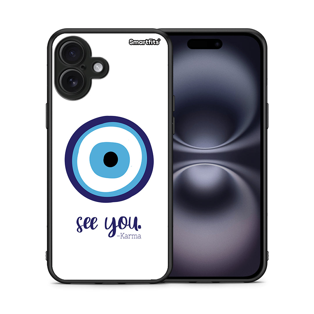 Θήκη iPhone 16 Plus Karma Says από τη Smartfits με σχέδιο στο πίσω μέρος και μαύρο περίβλημα | iPhone 16 Plus Karma Says case with colorful back and black bezels