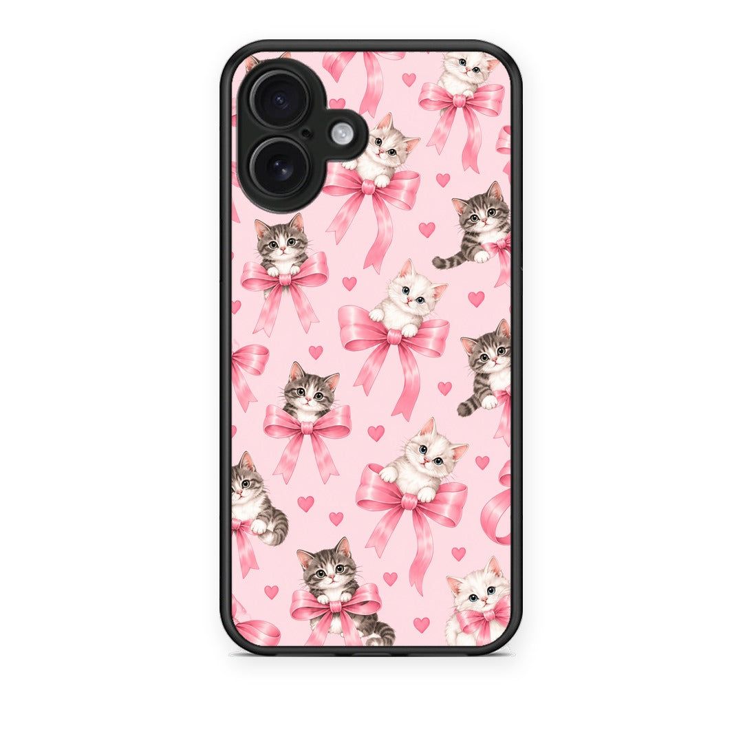 Θήκη iPhone 16 Plus Kittens and Pink Bows on Pink από τη Smartfits με σχέδιο στο πίσω μέρος και μαύρο περίβλημα | iPhone 16 Plus Kittens and Pink Bows on Pink case with colorful back and black bezels