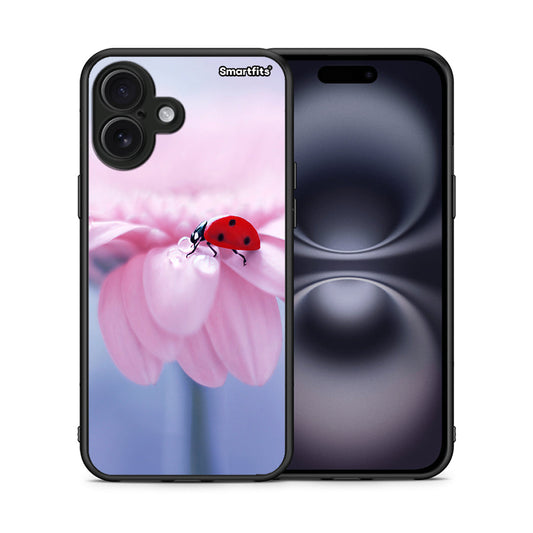Θήκη iPhone 16 Plus Ladybug Flower από τη Smartfits με σχέδιο στο πίσω μέρος και μαύρο περίβλημα | iPhone 16 Plus Ladybug Flower case with colorful back and black bezels