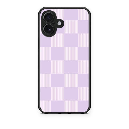 Θήκη iPhone 16 Plus Lilac and Cream Striped Checks από τη Smartfits με σχέδιο στο πίσω μέρος και μαύρο περίβλημα | iPhone 16 Plus Lilac and Cream Striped Checks case with colorful back and black bezels