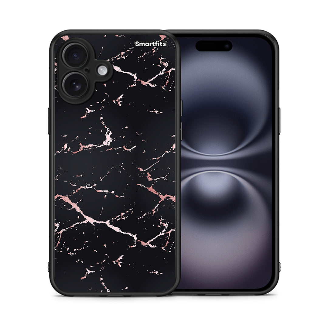Θήκη iPhone 16 Plus Black Rosegold Marble από τη Smartfits με σχέδιο στο πίσω μέρος και μαύρο περίβλημα | iPhone 16 Plus Black Rosegold Marble case with colorful back and black bezels