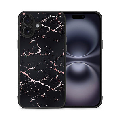 Θήκη iPhone 16 Plus Black Rosegold Marble από τη Smartfits με σχέδιο στο πίσω μέρος και μαύρο περίβλημα | iPhone 16 Plus Black Rosegold Marble case with colorful back and black bezels