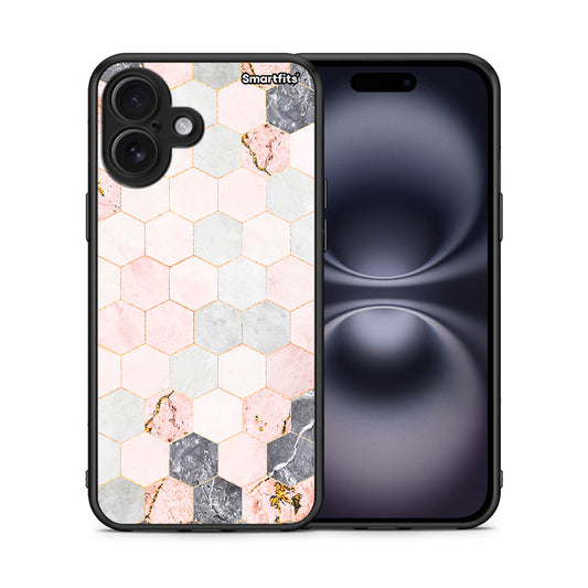 Θήκη iPhone 16 Plus Hexagon Pink Marble από τη Smartfits με σχέδιο στο πίσω μέρος και μαύρο περίβλημα | iPhone 16 Plus Hexagon Pink Marble case with colorful back and black bezels