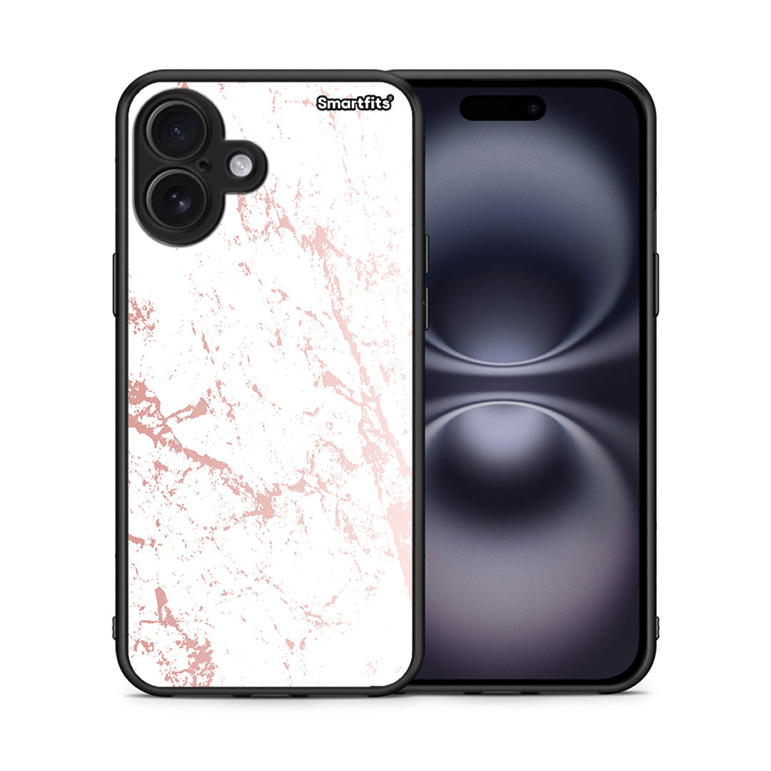Θήκη iPhone 16 Plus Pink Splash Marble από τη Smartfits με σχέδιο στο πίσω μέρος και μαύρο περίβλημα | iPhone 16 Plus Pink Splash Marble case with colorful back and black bezels