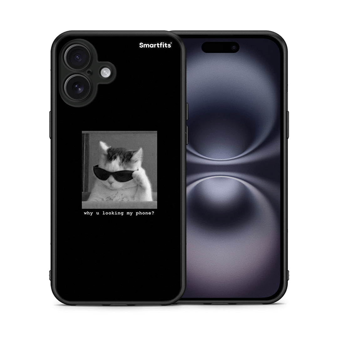Θήκη iPhone 16 Plus Meme Cat από τη Smartfits με σχέδιο στο πίσω μέρος και μαύρο περίβλημα | iPhone 16 Plus Meme Cat case with colorful back and black bezels