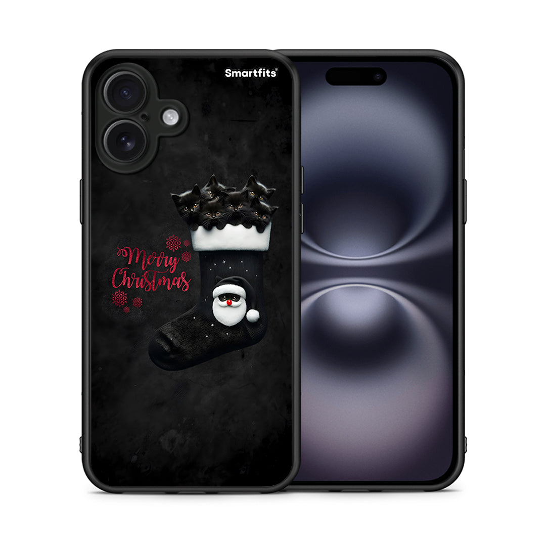 Θήκη iPhone 16 Plus Merry Cat Christmas από τη Smartfits με σχέδιο στο πίσω μέρος και μαύρο περίβλημα | iPhone 16 Plus Merry Cat Christmas case with colorful back and black bezels
