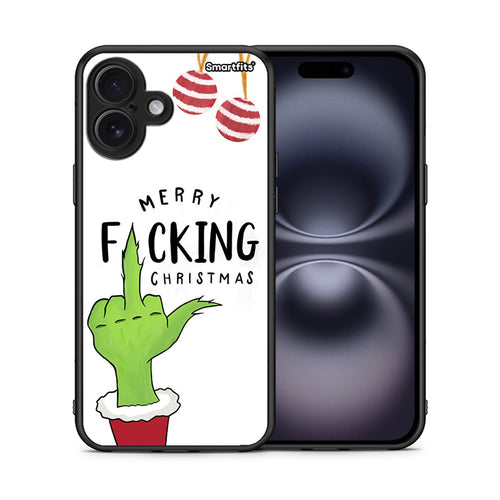 Θήκη iPhone 16 Plus Merry F Xmas από τη Smartfits με σχέδιο στο πίσω μέρος και μαύρο περίβλημα | iPhone 16 Plus Merry F Xmas case with colorful back and black bezels