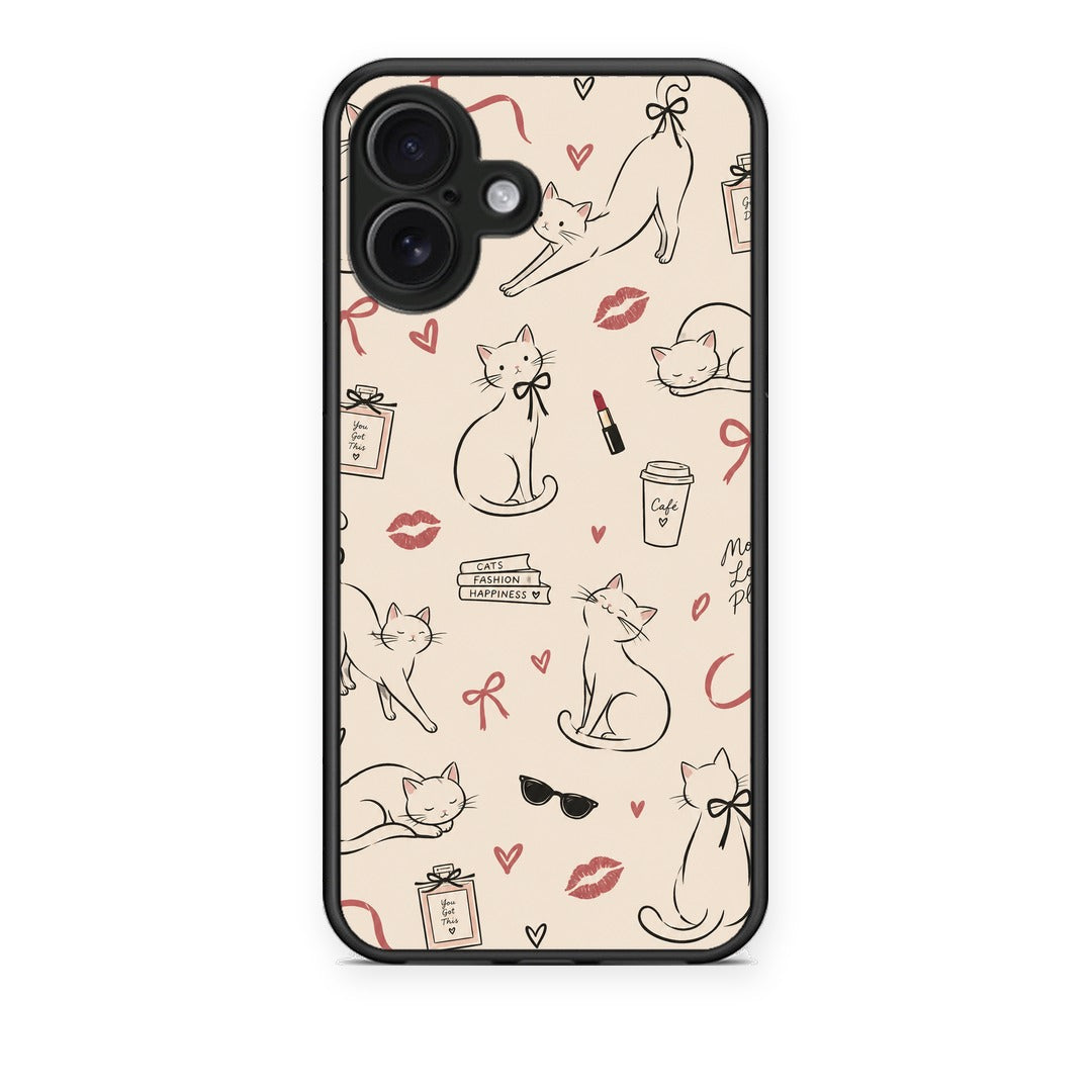 Θήκη iPhone 16 Plus Minimal Cat and Fashion Doodles on Cream από τη Smartfits με σχέδιο στο πίσω μέρος και μαύρο περίβλημα | iPhone 16 Plus Minimal Cat and Fashion Doodles on Cream case with colorful back and black bezels