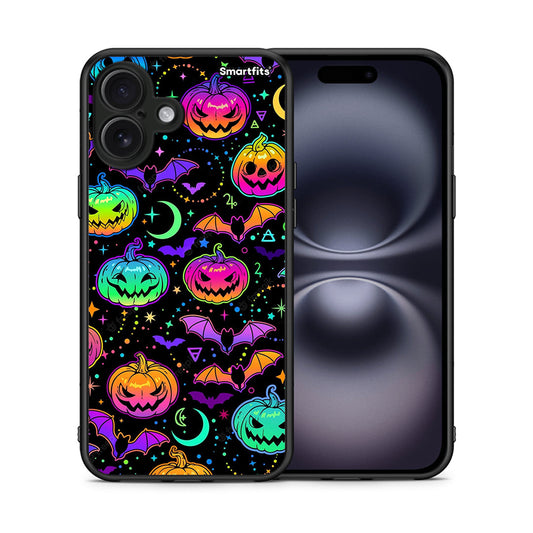 Θήκη iPhone 16 Plus Neon Halloween από τη Smartfits με σχέδιο στο πίσω μέρος και μαύρο περίβλημα | iPhone 16 Plus Neon Halloween case with colorful back and black bezels