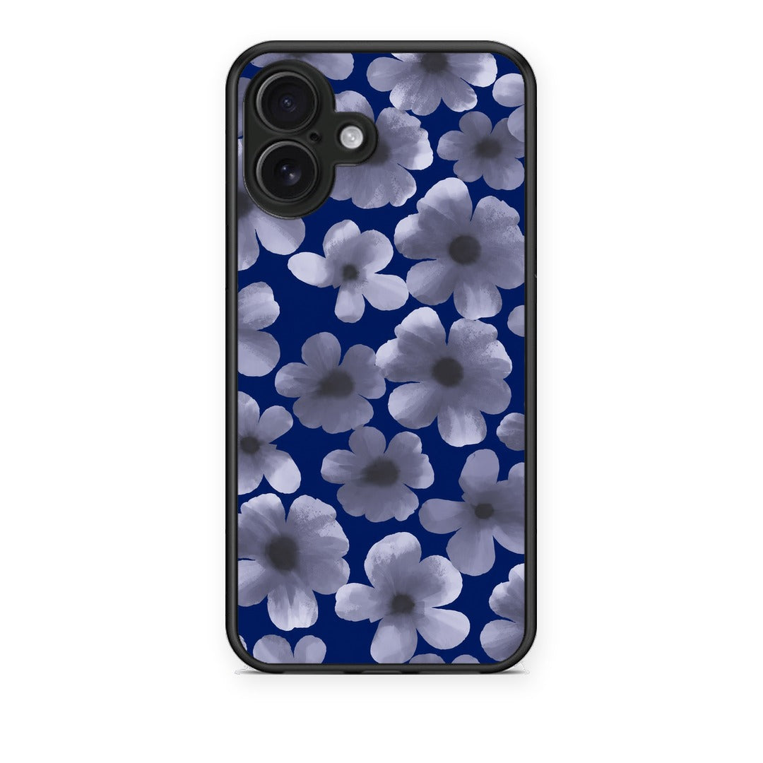 Θήκη iPhone 16 Plus Pale Blue Flowers on Navy από τη Smartfits με σχέδιο στο πίσω μέρος και μαύρο περίβλημα | iPhone 16 Plus Pale Blue Flowers on Navy case with colorful back and black bezels