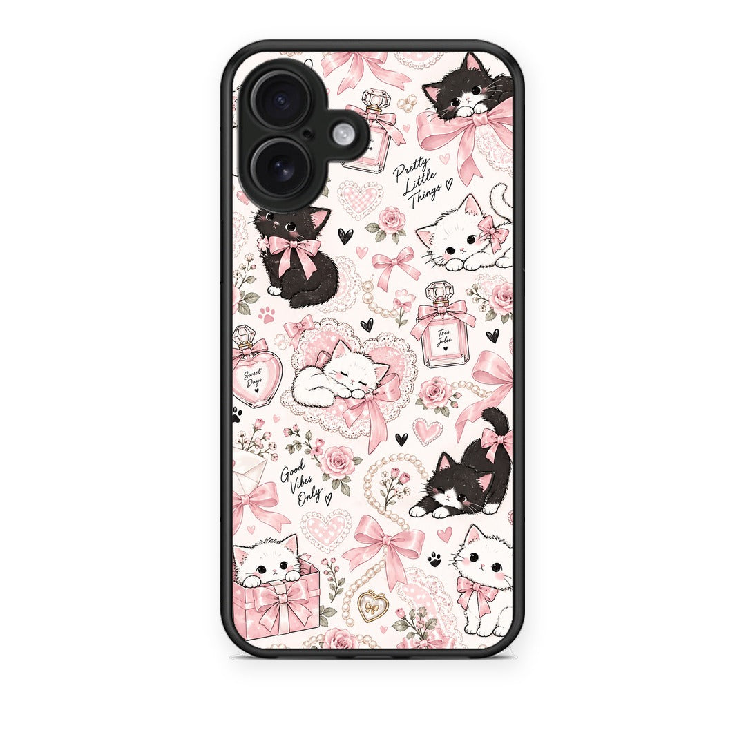 Θήκη iPhone 16 Plus Pink Bows and Kittens Collage από τη Smartfits με σχέδιο στο πίσω μέρος και μαύρο περίβλημα | iPhone 16 Plus Pink Bows and Kittens Collage case with colorful back and black bezels