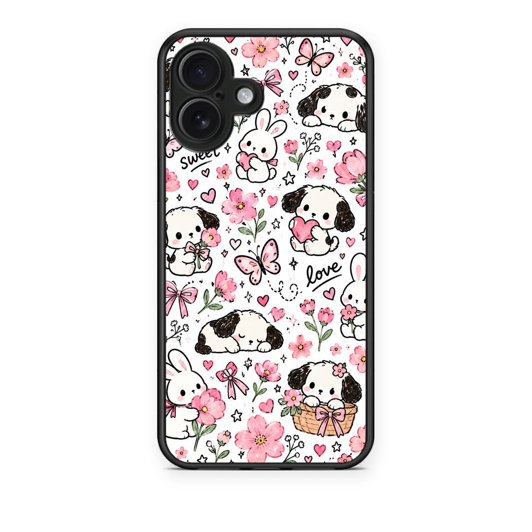 Θήκη iPhone 16 Plus Pink Florals Puppies and Bunnies on White από τη Smartfits με σχέδιο στο πίσω μέρος και μαύρο περίβλημα | iPhone 16 Plus Pink Florals Puppies and Bunnies on White case with colorful back and black bezels