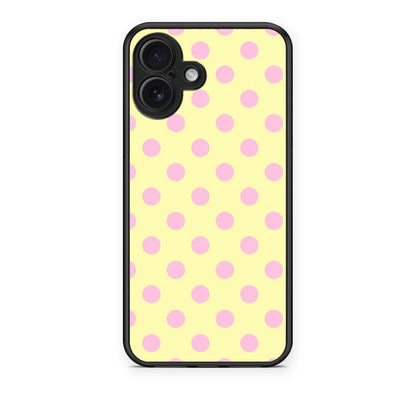 Θήκη iPhone 16 Plus Pink Polka Dots on Yellow από τη Smartfits με σχέδιο στο πίσω μέρος και μαύρο περίβλημα | iPhone 16 Plus Pink Polka Dots on Yellow case with colorful back and black bezels