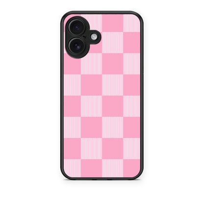 Θήκη iPhone 16 Plus Pink and White Striped Checks από τη Smartfits με σχέδιο στο πίσω μέρος και μαύρο περίβλημα | iPhone 16 Plus Pink and White Striped Checks case with colorful back and black bezels