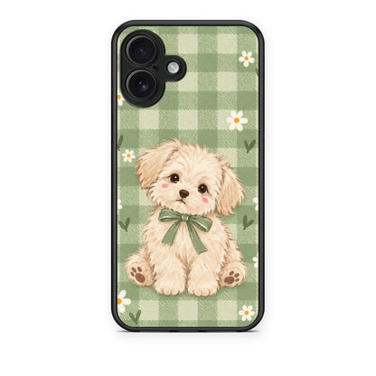 Θήκη iPhone 16 Plus Puppy and Daisies on Sage Gingham από τη Smartfits με σχέδιο στο πίσω μέρος και μαύρο περίβλημα | iPhone 16 Plus Puppy and Daisies on Sage Gingham case with colorful back and black bezels