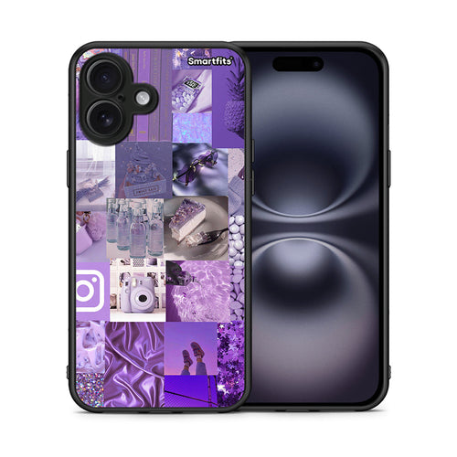 Θήκη iPhone 16 Plus Purple Aesthetic Collage από τη Smartfits με σχέδιο στο πίσω μέρος και μαύρο περίβλημα | iPhone 16 Plus Purple Aesthetic Collage case with colorful back and black bezels