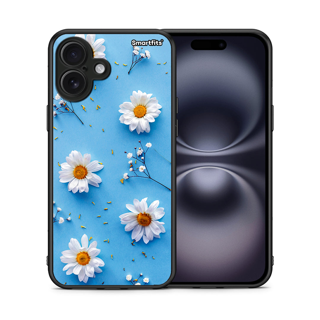 Θήκη iPhone 16 Plus Real Daisies από τη Smartfits με σχέδιο στο πίσω μέρος και μαύρο περίβλημα | iPhone 16 Plus Real Daisies case with colorful back and black bezels