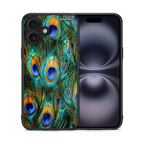 Θήκη iPhone 16 Plus Real Peacock Feathers από τη Smartfits με σχέδιο στο πίσω μέρος και μαύρο περίβλημα | iPhone 16 Plus Real Peacock Feathers case with colorful back and black bezels