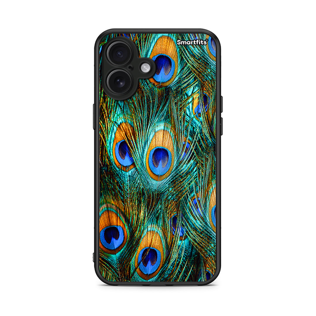 iPhone 16 Plus Real Peacock Feathers θήκη από τη Smartfits με σχέδιο στο πίσω μέρος και μαύρο περίβλημα | Smartphone case with colorful back and black bezels by Smartfits