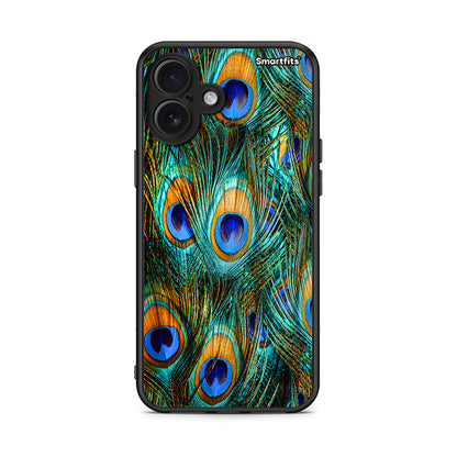 iPhone 16 Plus Real Peacock Feathers θήκη από τη Smartfits με σχέδιο στο πίσω μέρος και μαύρο περίβλημα | Smartphone case with colorful back and black bezels by Smartfits