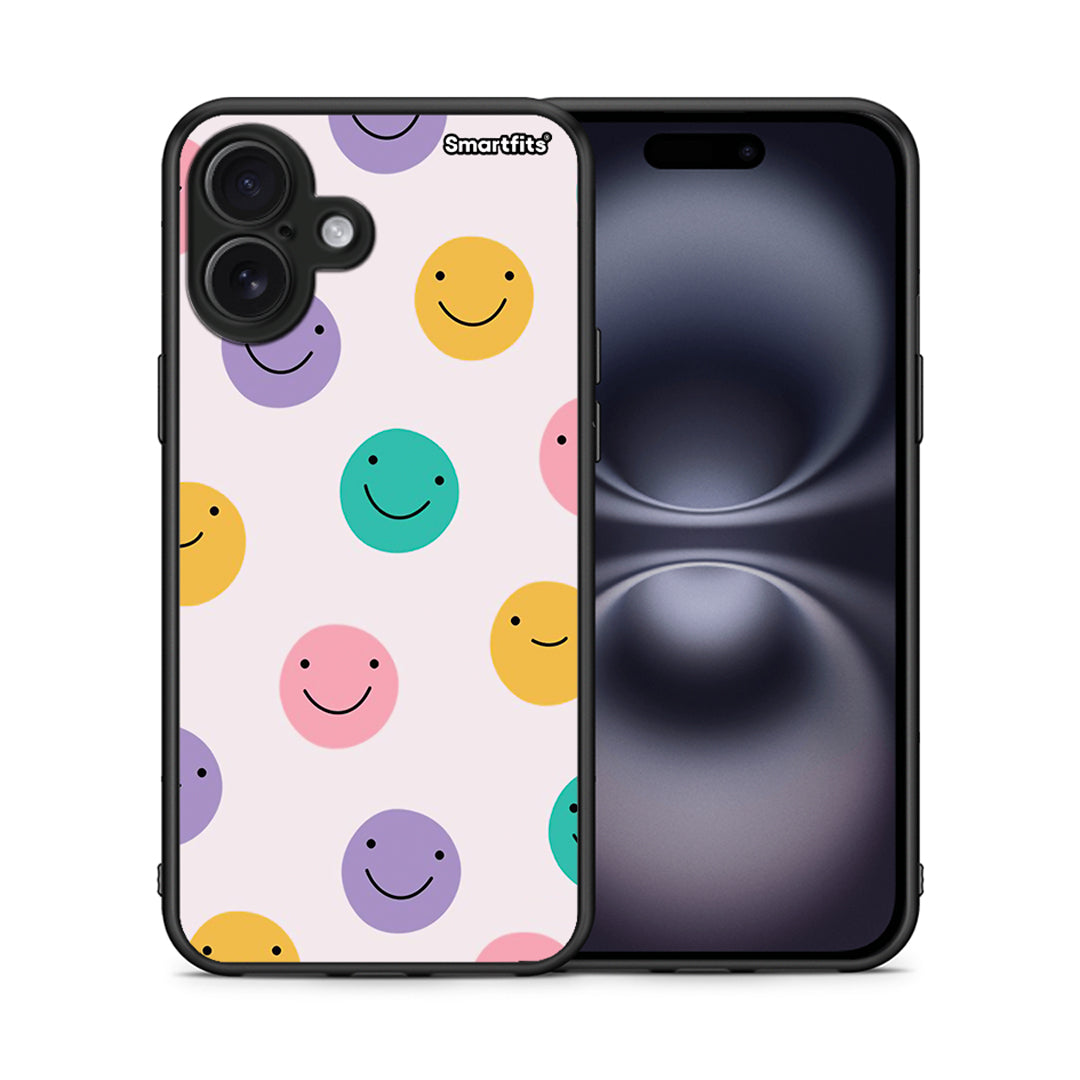 Θήκη iPhone 16 Plus Smiley Faces από τη Smartfits με σχέδιο στο πίσω μέρος και μαύρο περίβλημα | iPhone 16 Plus Smiley Faces case with colorful back and black bezels