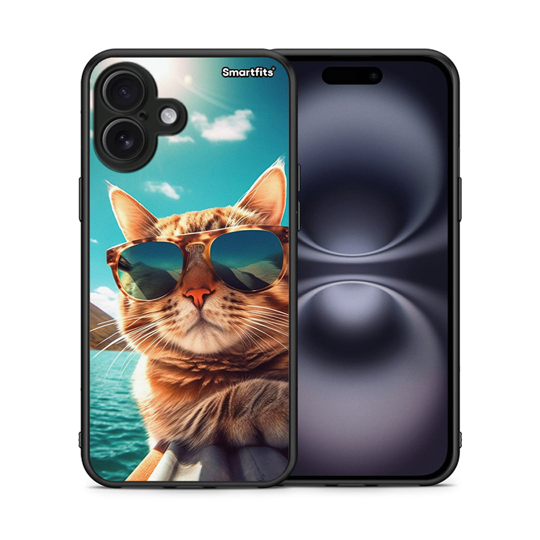 Θήκη iPhone 16 Plus Summer Cat από τη Smartfits με σχέδιο στο πίσω μέρος και μαύρο περίβλημα | iPhone 16 Plus Summer Cat case with colorful back and black bezels